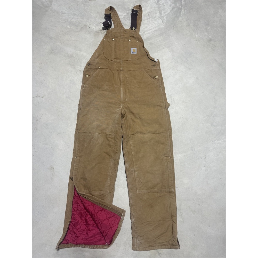 Carhartt Men's R02-BRN Red Quilt Lined Bib Overalls Duck Canvas 38x32 USA Work